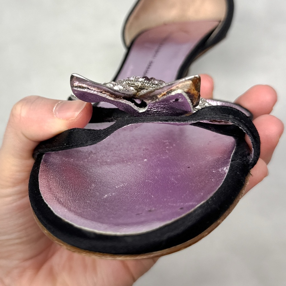 Giuseppe Zanotti Vicini Vintage Y2K Embellish Flower Silk Kitten Heel Mules Rare - Picture 7 of 15